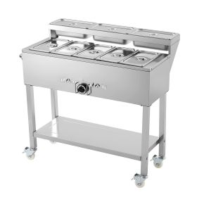 VEVOR Commercial Propane Steam Table, 5 Food Pans & 3 Condiment Pans, LP Gas Outdoor Soup Warmer with Drain Valve and 3" Wheels
