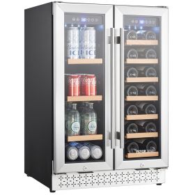 VEVOR Wine and Beverage Refrigerator, 24 in Dual Zone Wine Cooler, Built-in & Freestanding Fridge with Glass Doors, Adjustable Shelves