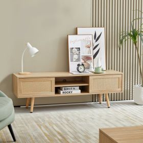 55.12 Rattan TV Cabinet, Double Sliding Doors For Storage,  Adjustable Shelf, Solid Wood Legs, TV Console For Living Room ,natural (Option: Natural)